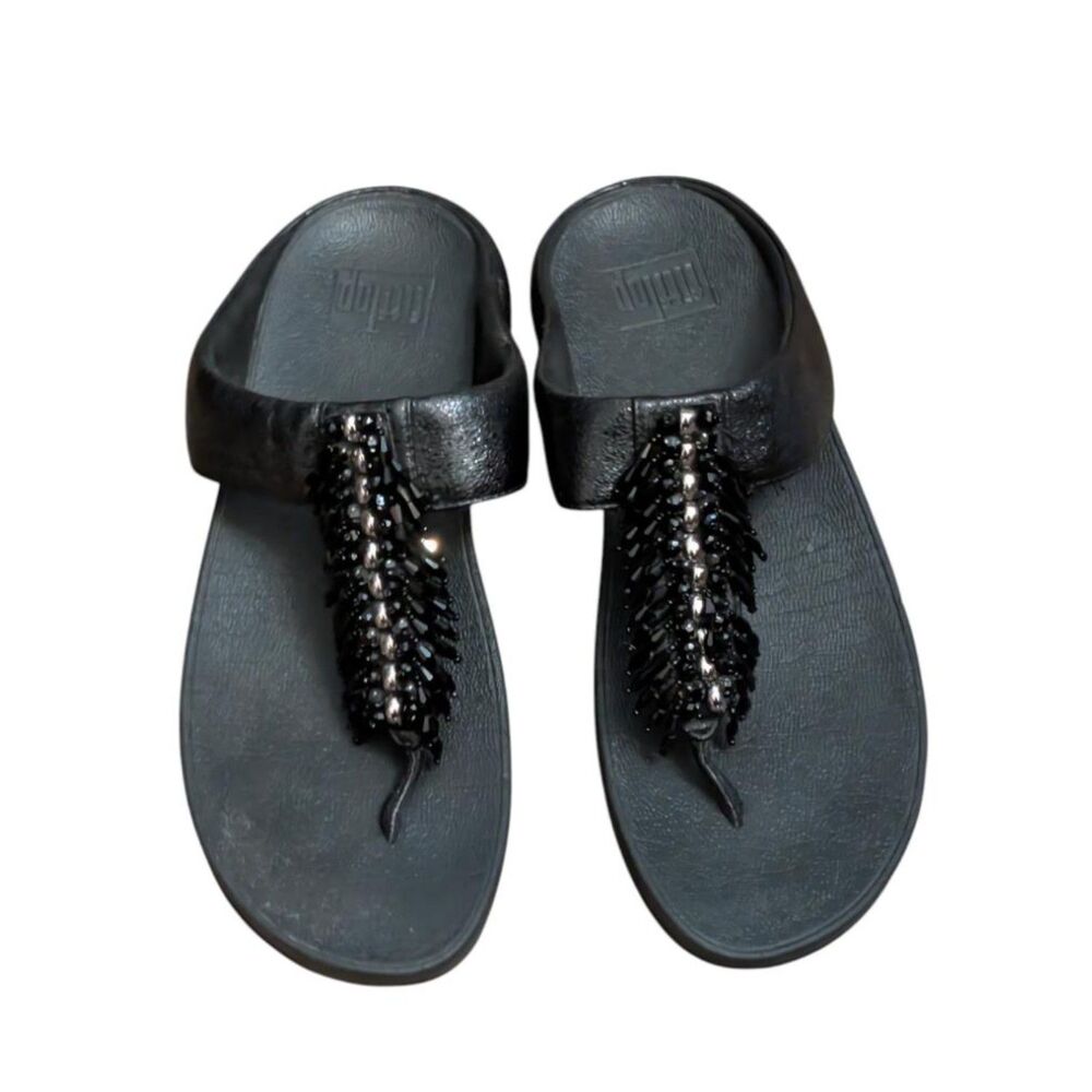 FitFlop Beaded Black Sandals Size 9 Ergonomic Comfort Thong Shoes